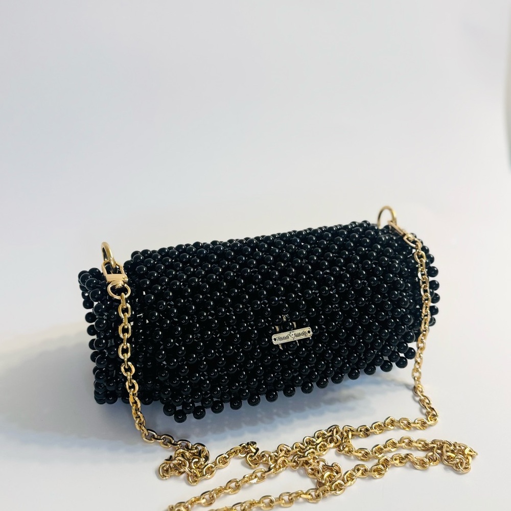 Black and Gold Beaded Clutch with Chain Strap
